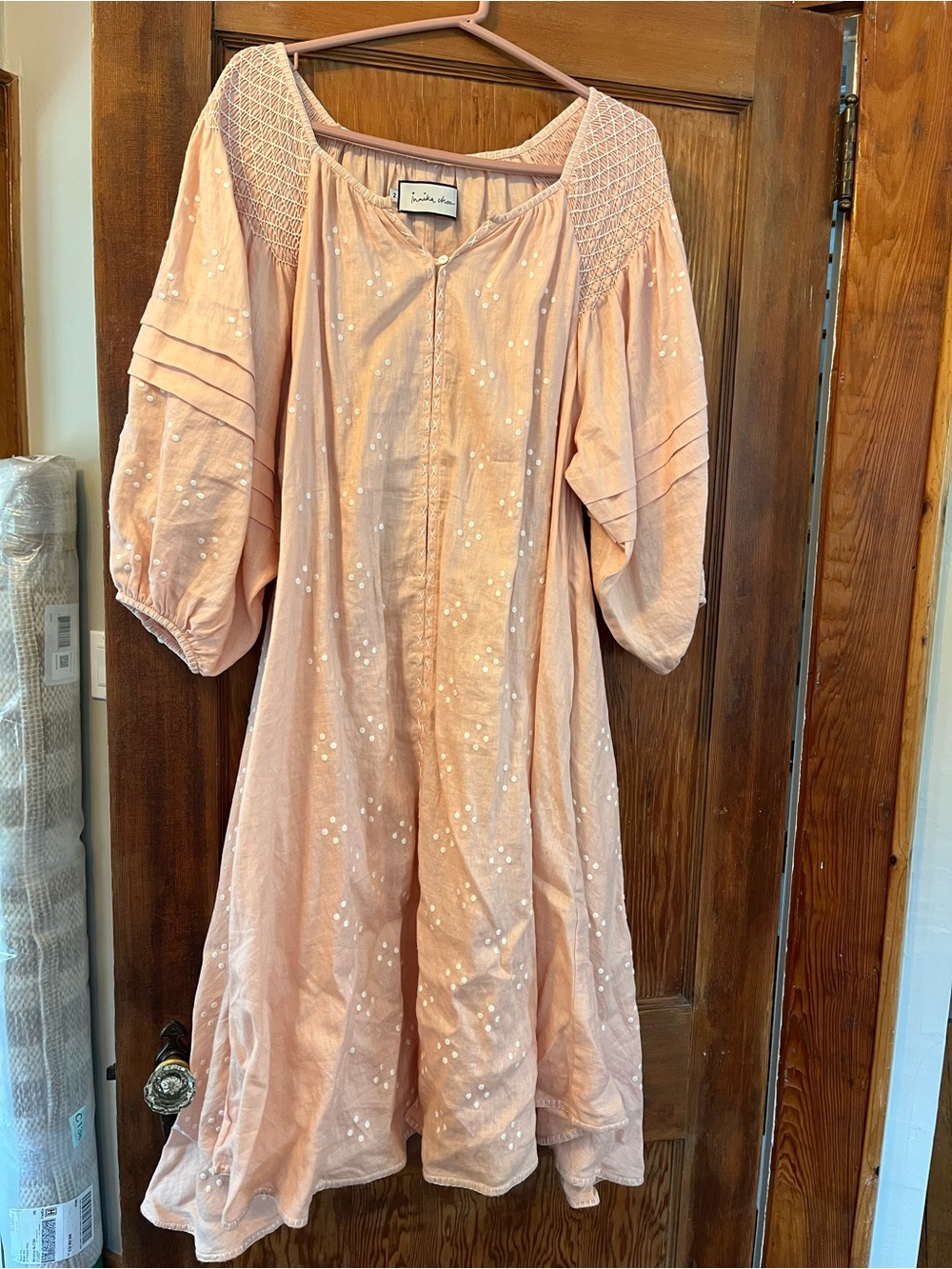 Light Pink Embroidered Puff-Sleeve Dress  -